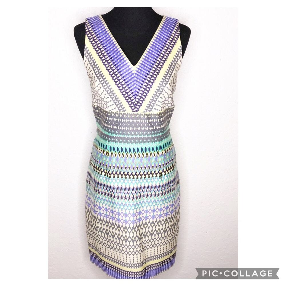 David‎ Meister purple yellow green geometric stripe sleeveless sheath dress 4